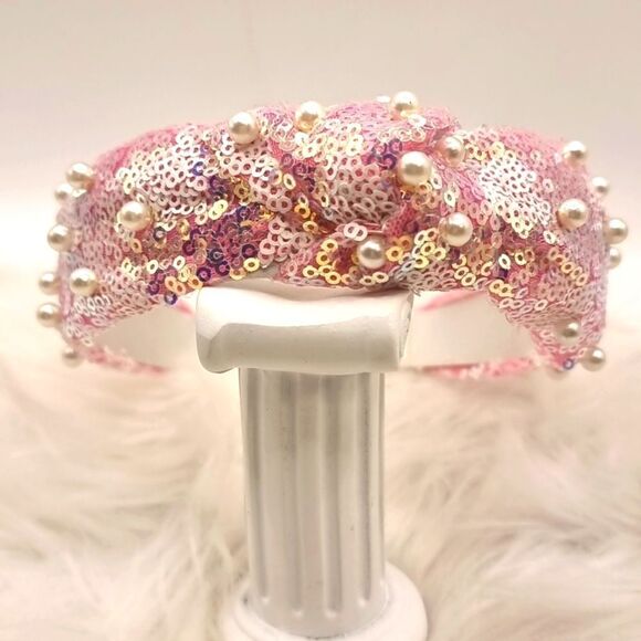 New PINK HEARTS SEQUIN PEARL JEWELED HEADBAND - Picture 2 of 5